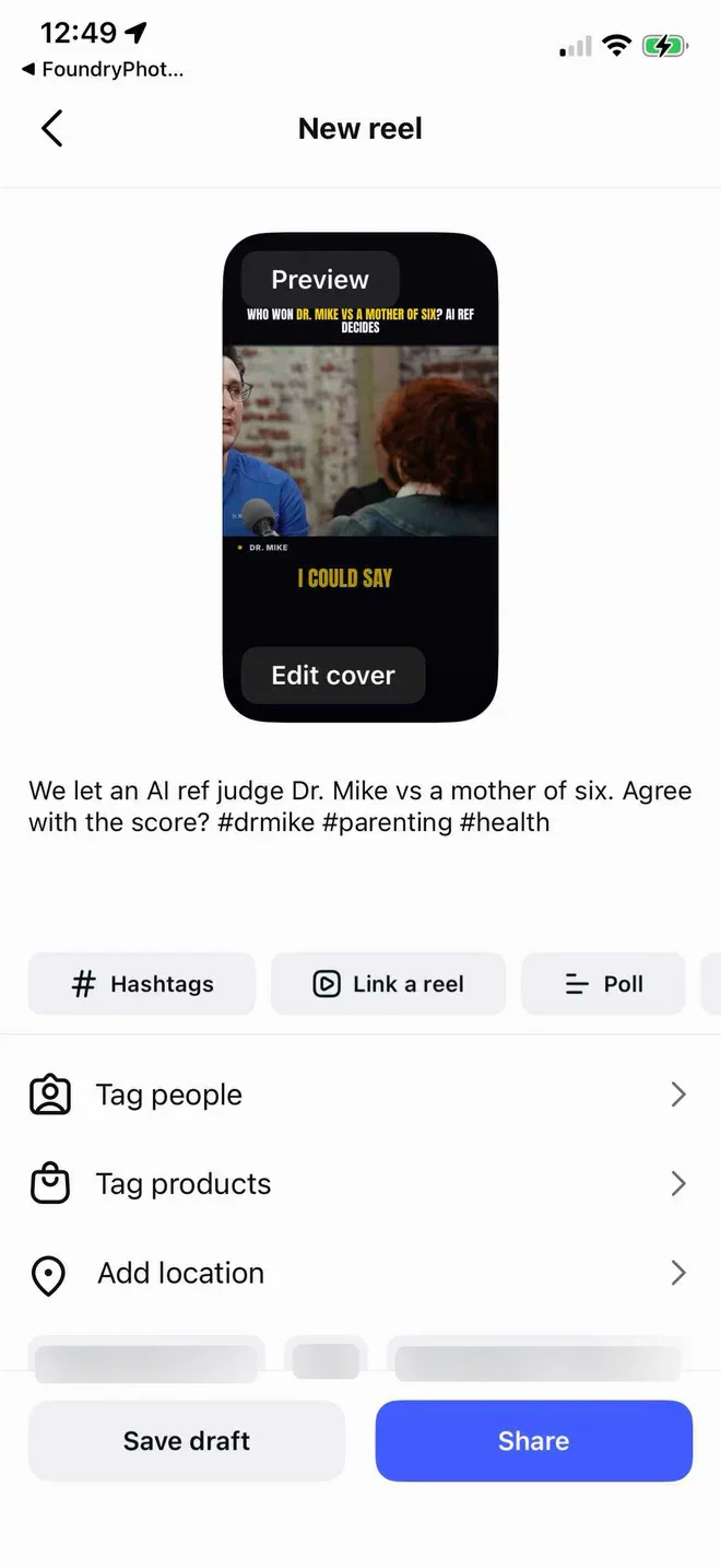 Instagram share screen with the caption typed by Foundry